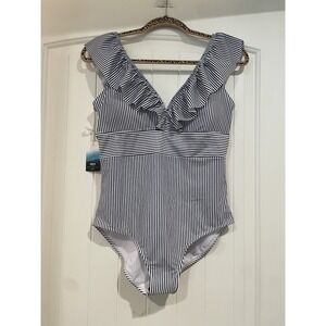 Aava Women's Oceane Retro‎ One Piece Swimsuit Size Large Blue White Ruffle